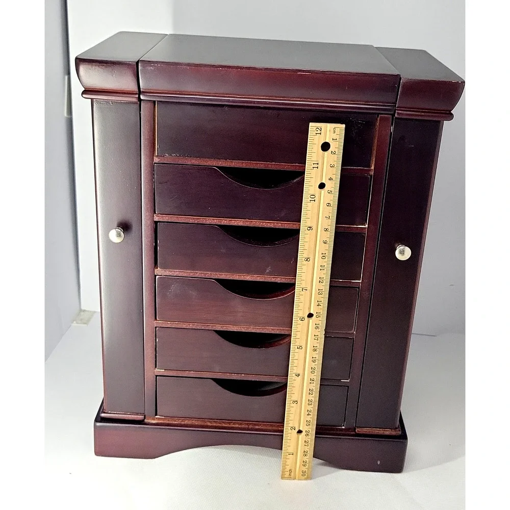 Large Wood Jewelry Box Armoire Mirror 5 Drawers Side Doors Necklace Storage